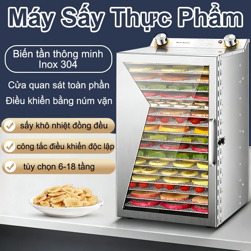Máy Sấy Thực Phẩm 18 khay Hẹn giờ và điều chỉnh nhiệt độ độc lập Rau củ quả, thịt khử nước