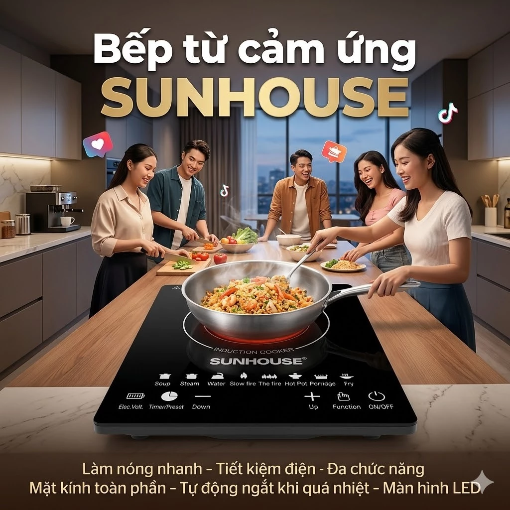 Bếp Điện Từ Sunhouse 2200W Thiết Kế Sang Trọng – Bếp Từ Hồng Ngoại Cảm Ứng Nấu Nhanh, Mặt Kính Chịu Nhiệt Tốt Kèm Nồi Nấ