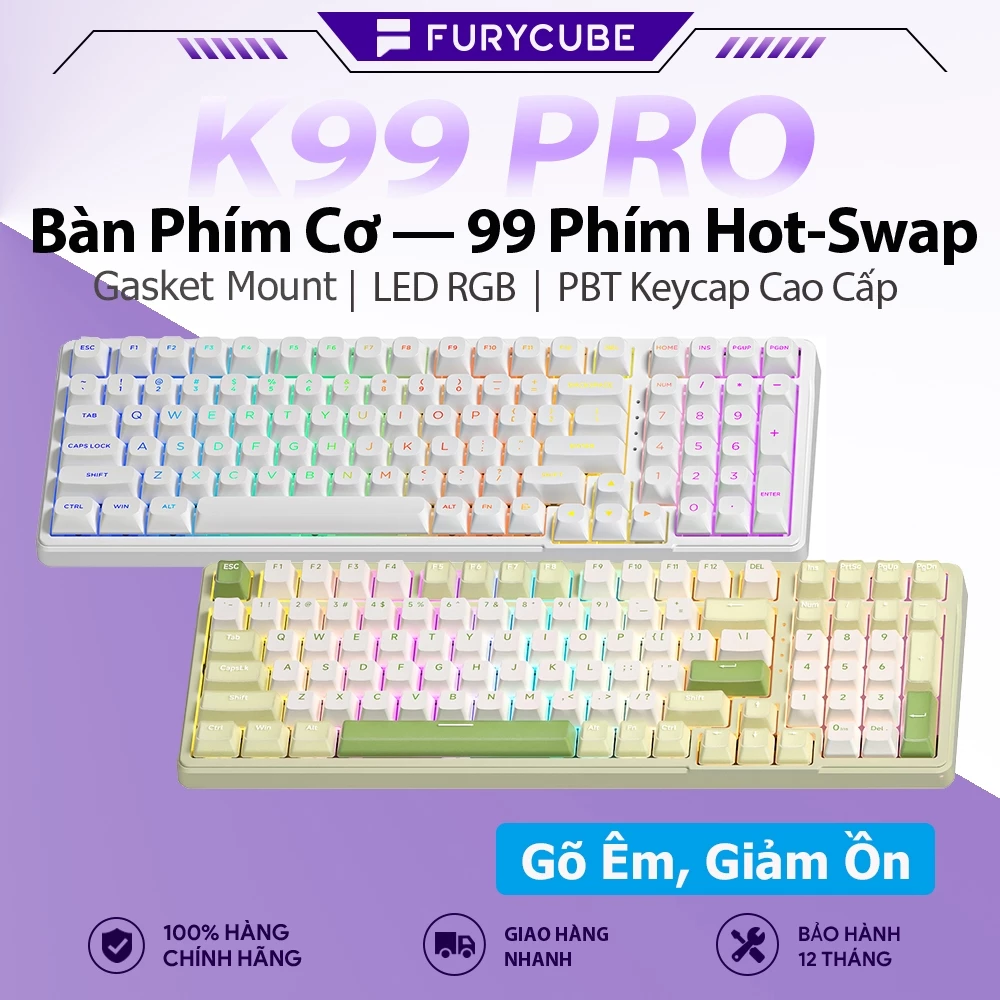 Bàn Phím Cơ Bluetooth 2.4G FURYCUBE K99PRO Gasket RGB, 5 Pin Hotswap, PBT Keycap, Văn Phòng & Gaming