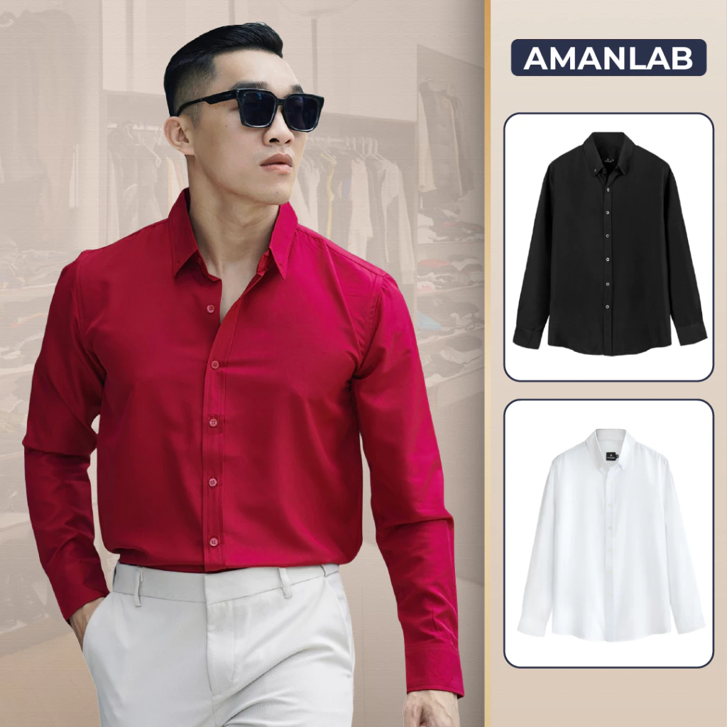 Áo sơ mi nam dài tay có khuy cổ vải lụa, không nhăn thoáng mát, form regular ĐỎ, ĐEN, TRẮNG AMANLAB