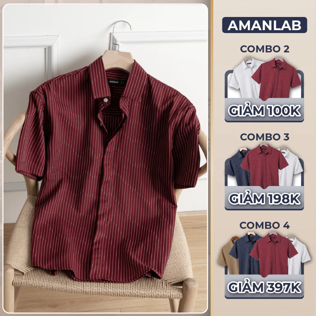 [UPDATE MÀU MỚI] Áo sơ mi nam ngắn tay vải cotton spandex, họa tiết sọc form regular Legend AMANLAB