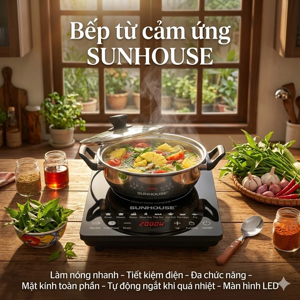 Bếp Điện Từ SUNHOUSE 2200W – Bếp Từ Cảm Ứng Nhạy, Nấu Ăn Siêu Tốc, Tiết Kiệm Điện Năng, Thiết Kế Hiện Đại Kèm
