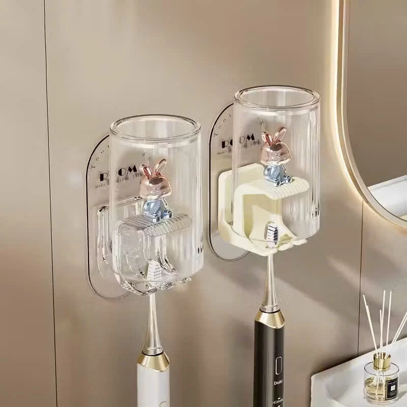 Kệ PET để bàn chải kem đánh răng dán tường trong suốt kèm 1 cốc cao cấp