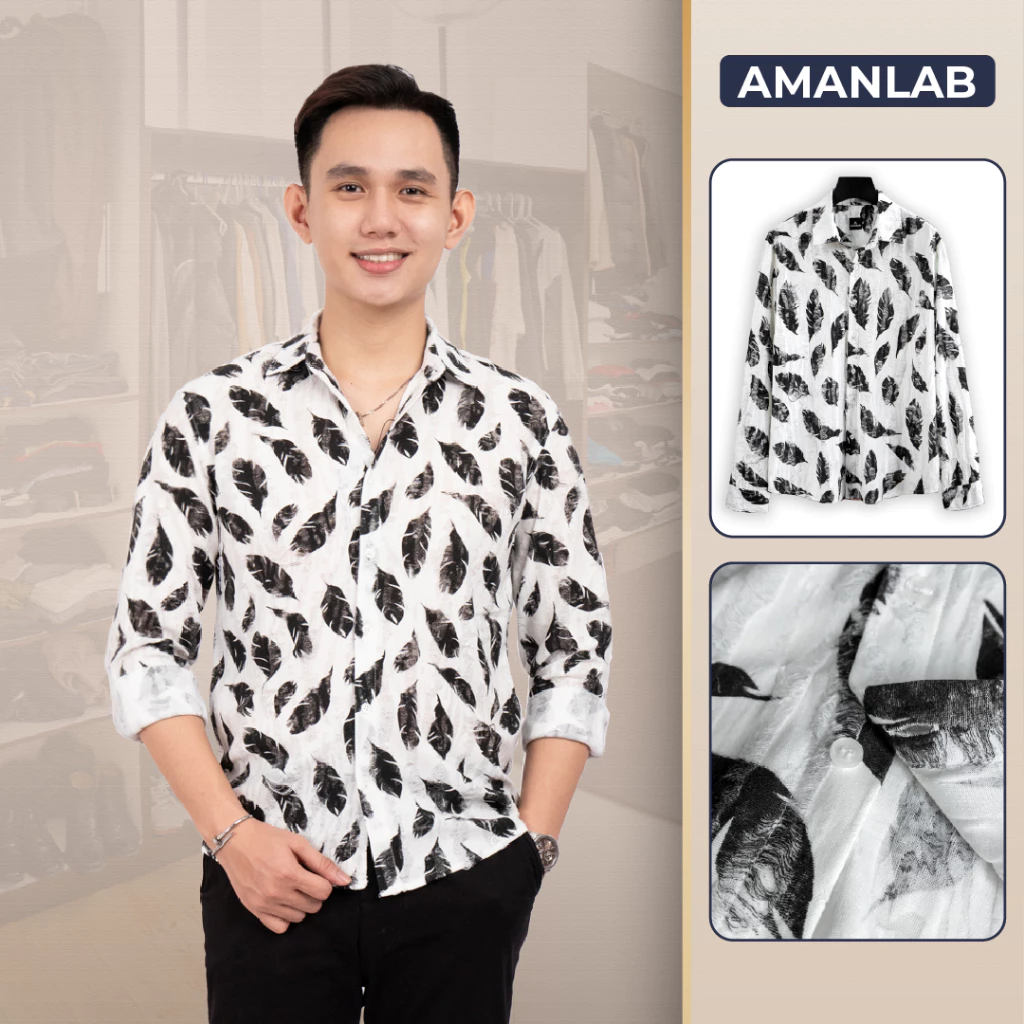 Áo sơ mi nam dài tay vải cotton co giãn wash rách, họa tiết lông vũ LONG FEATHERS AMANLAB