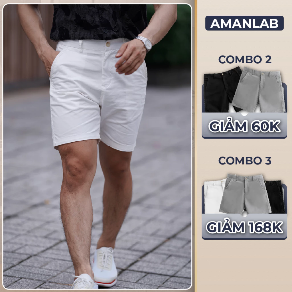 Quần short nam chất vải kaki basic , co giãn thoải mái Trắng, Xám, Đen AMANLAB