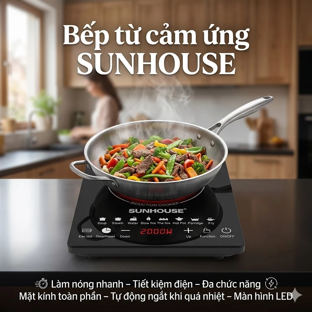 Bếp Từ SUNHOUSE 2200W Công Suất Lớn – Bếp Điện Từ Cảm Ứng Thông Minh, Nấu Nhanh An Toàn, Mặt Kính Chịu Nhiệt Cao Cấp Kèm
