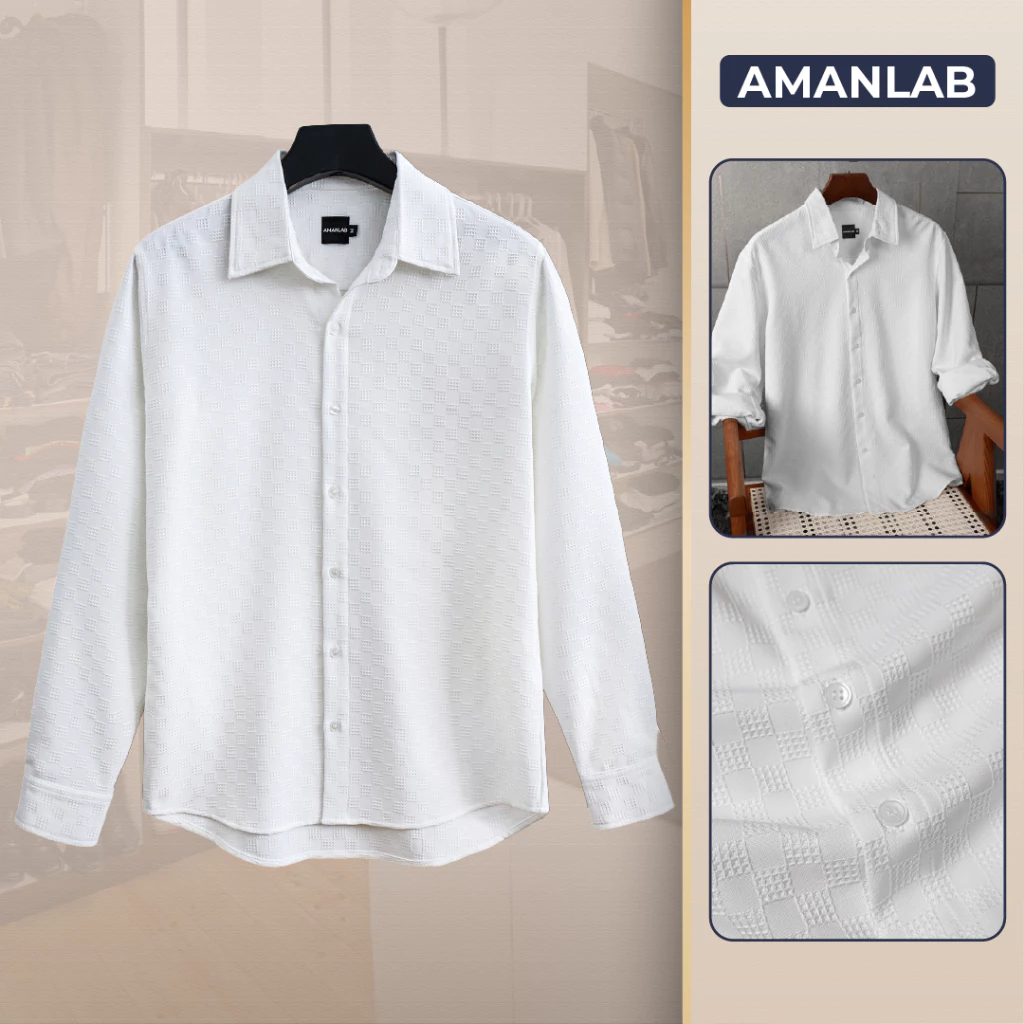 Áo sơ mi nam dài tay chất vải cotton dệt hoa, họa tiết ô vuông LONGFATIC AMANLAB