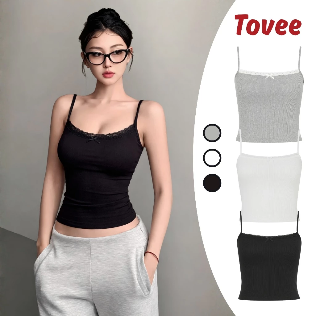 Áo Croptop HAI DÂY REN NƠ Chất Vải Thun Gân Kiểu Sexy Nữ CR18, Áo Thun Ôm Body Phối Ren Đẹp Tôn Dáng Thời Trang TOVEE
