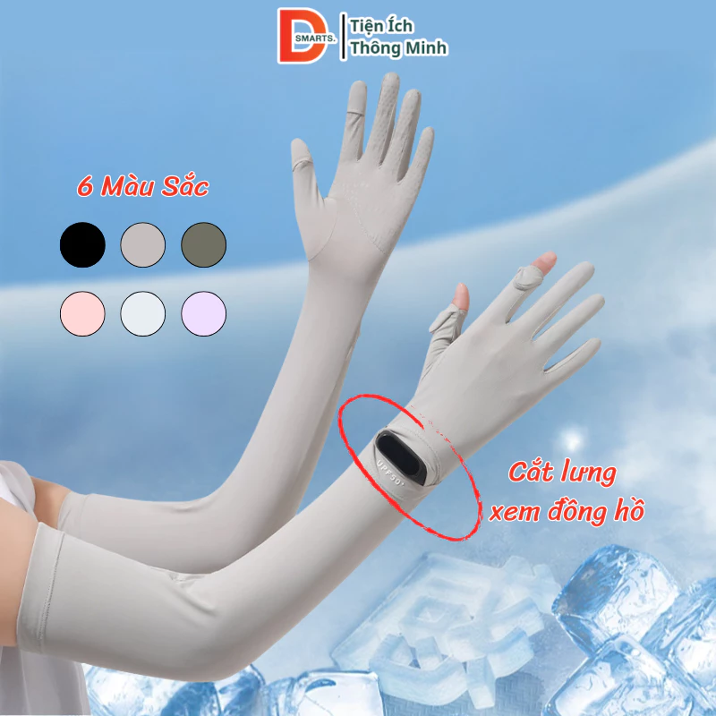 Găng Tay Chống Nắng Siêu Dài Lụa Băng Thoáng Mát UPF50 – Bao Tay Chống Tia UV, Xem Đồng Hồ Sử Dụng Điện Thoại Tiện Lợi
