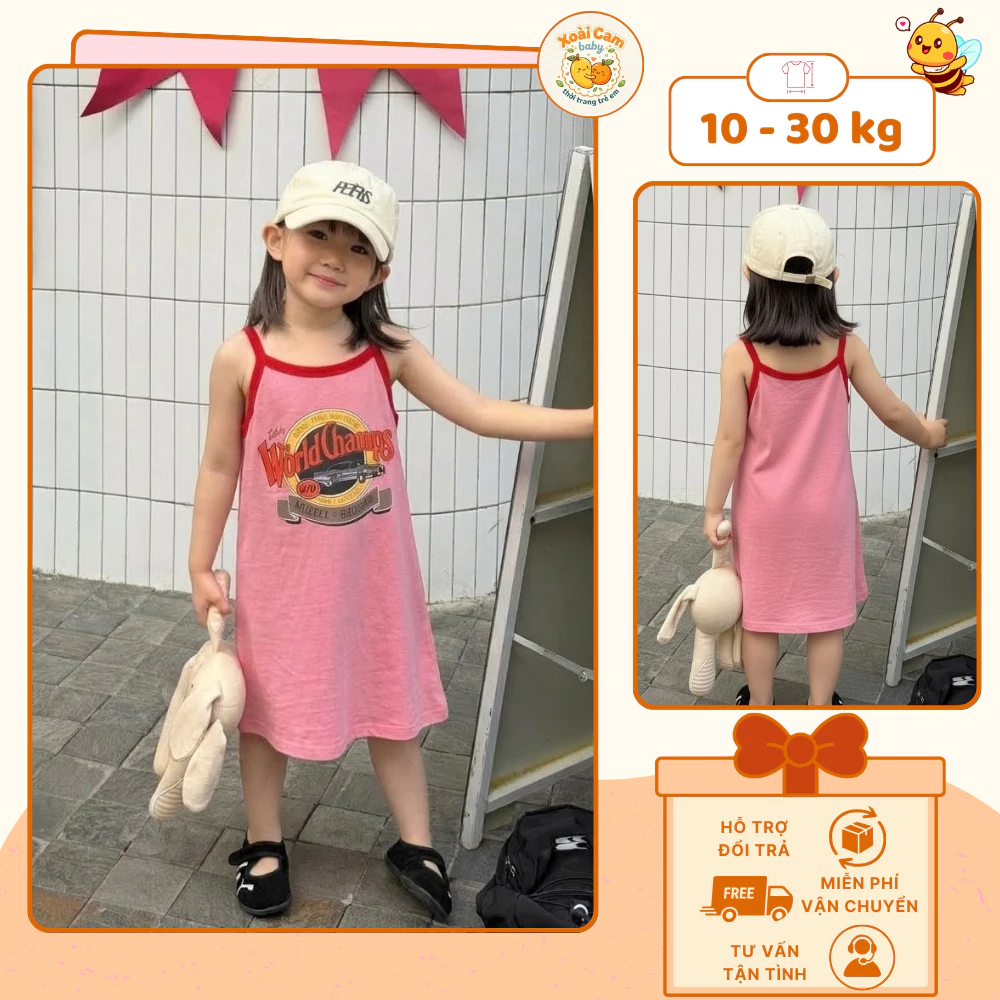 Váy Hai Dây Bé Gái Màu Hồng Dễ Thương, Đầm Suông Cotton Mùa Hè In Chữ Cá Tính Cho Bé Gái- M5