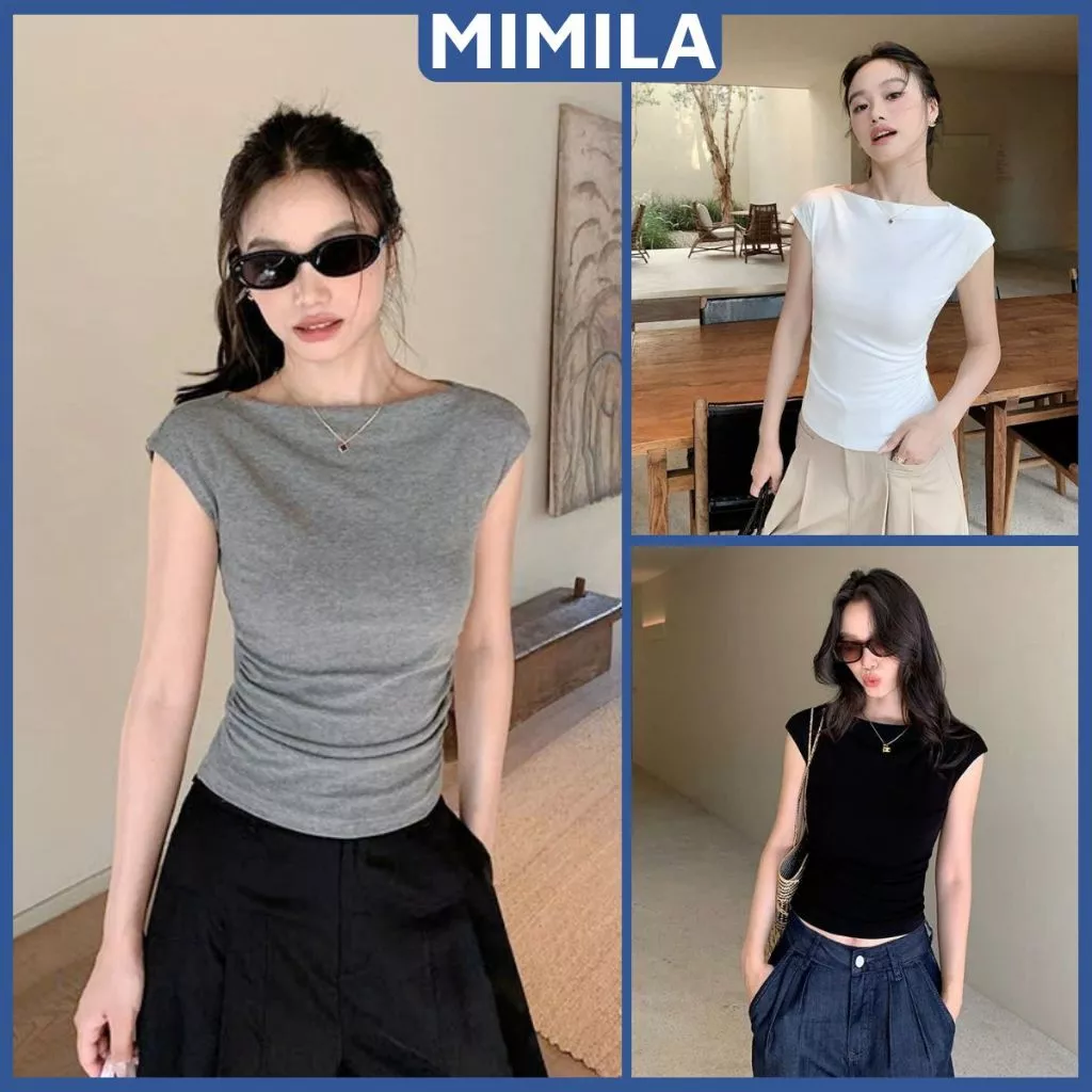 [CÓ SIZE] Áo Thun Nữ Tay Hến Cổ Thuyền Nhún Eo Basic MIMILA Ôm Body Tôn Dáng Chất Thun Cotton Mềm Mát - MA358