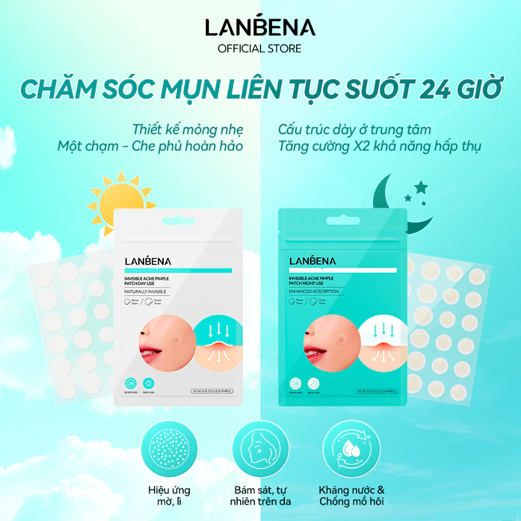 LANBENA Miếng dán mụn (ngày và đêm) -Miếng Dán Mụn Vô Hình Hỗ Trợ Giảm Mụn, Hút Nhân Mụn, Lành Mụn, Skincare