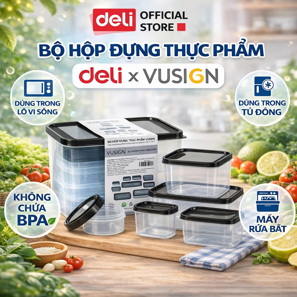 Bộ hộp 15 hộp đựng thực phẩm Nhựa PP5 Có Nắp DELIxVUSIGN đủ size từ 250-1500ml dùng cho lò vi sóng, máy rửa bát, tủ lạnh