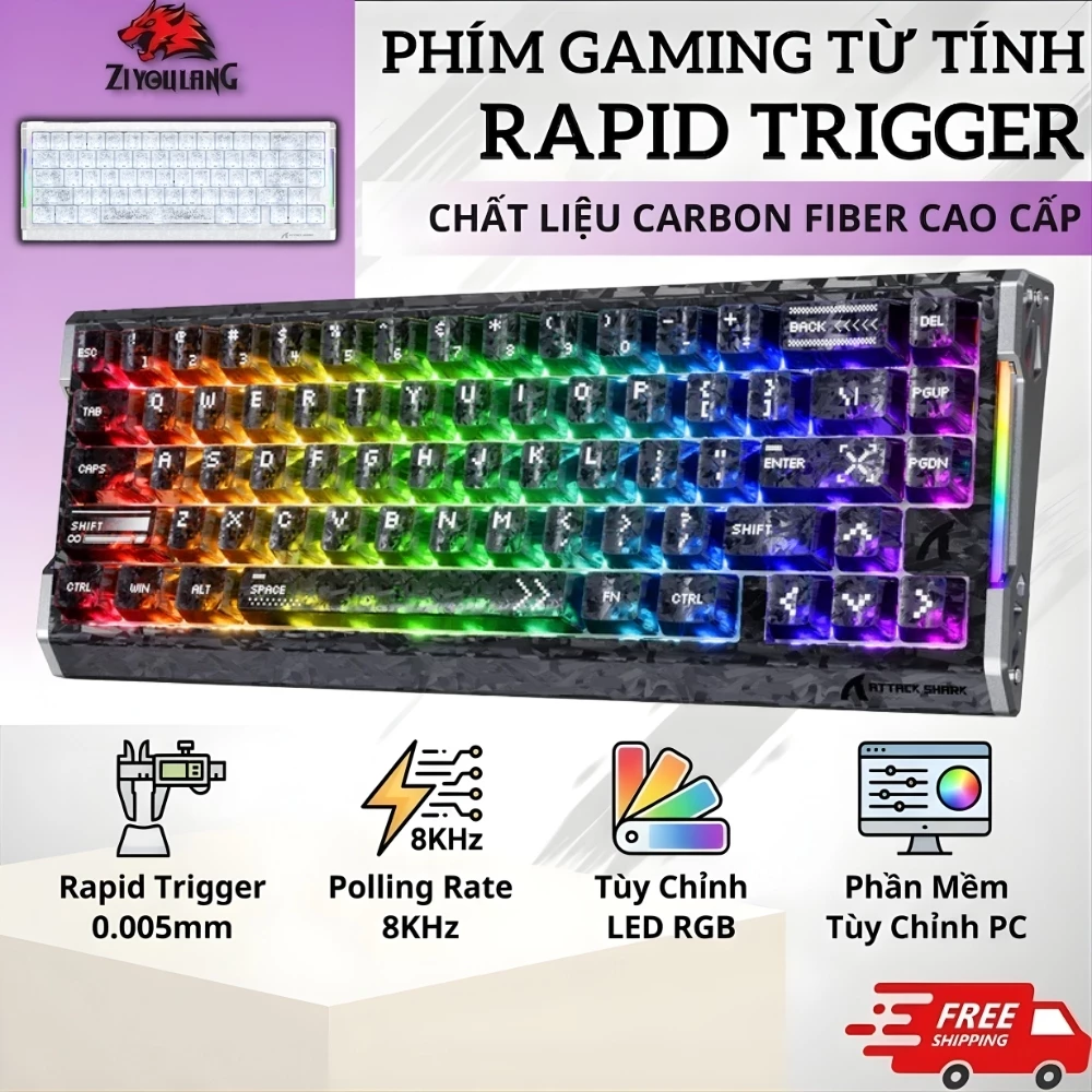 Bàn Phím Gaming ATTACK SHARK R68HE - Rapid Trigger 0.005mm, 8KHz Polling Rate, Led RGB App Tùy Chỉnh