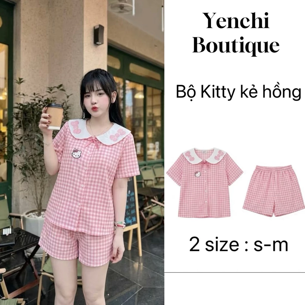 Bộ Đồ Nữ  Kẻ Hồng Kitty, bộ pyjama mặc nhà mùa hè quần đùi, chất cotton mềm mát họa tiết cute