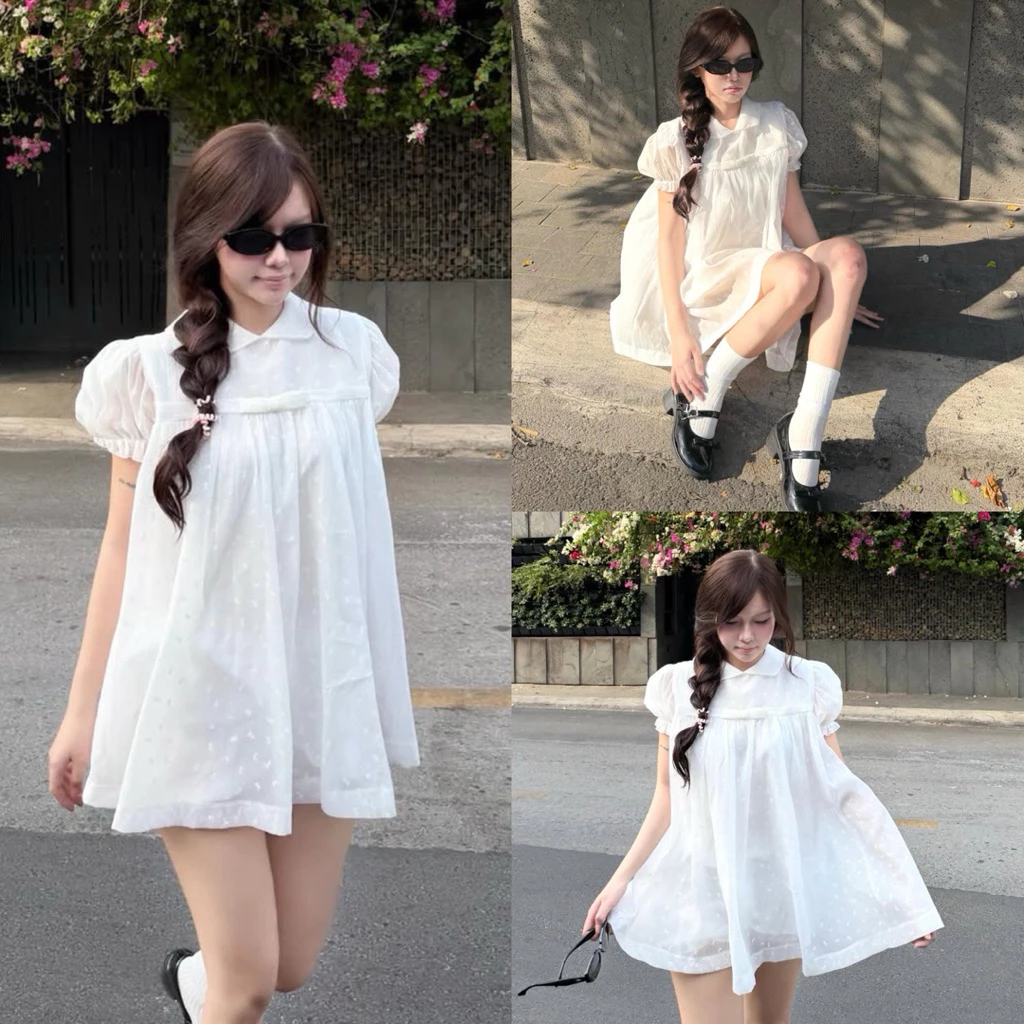 (Hàng Thiết Kế) Váy trắng babydoll Hà Thảo cổ sen tay bồng đính nơ form xoè dáng ngắn
