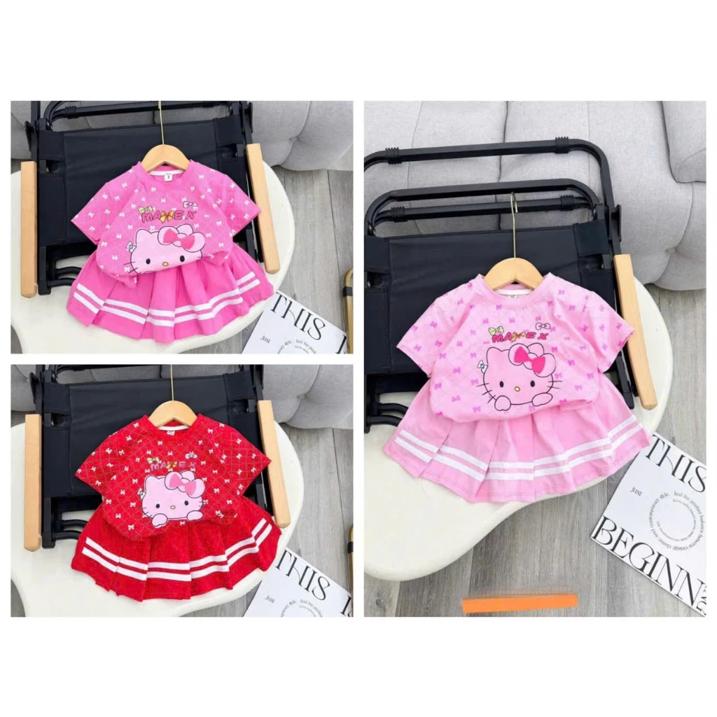 Ms 48 Sét váy xếp ly bé gái in hình Helo Kitty dễ thương chất cotton xu thoáng mát