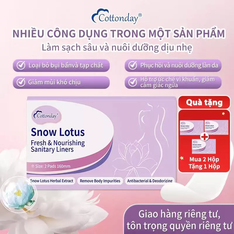 Băng vệ sinh Snow Lotus Cottonday 160mm (2 miếng), chứa 14 chiết xuất thảo dược tự nhiên