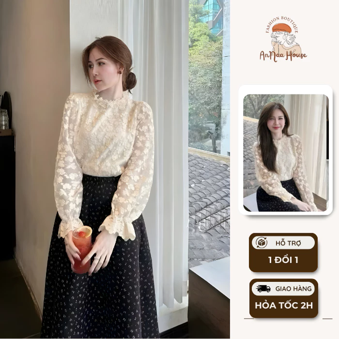 Áo sơ mi be ren voan hoa cổ bèo thêu nổi tay bồng cổ tròn 2 lớp mix đồ ulzzang tiểu thư Hàn Quốc