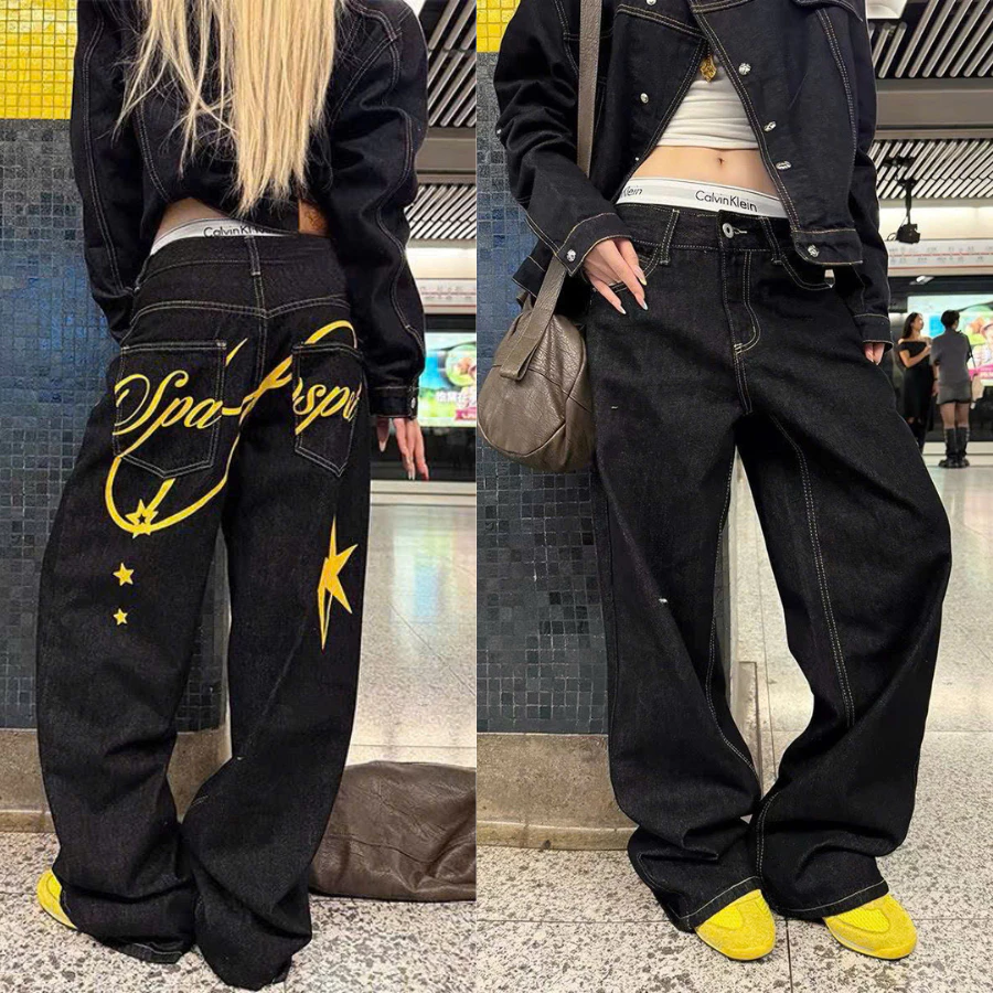 [DEAL MỞ BÁN] Quần Jean Nữ Ống Rộng Đen In Sao – Star Graphic Denim Pants Y2K Streetwear Baggy