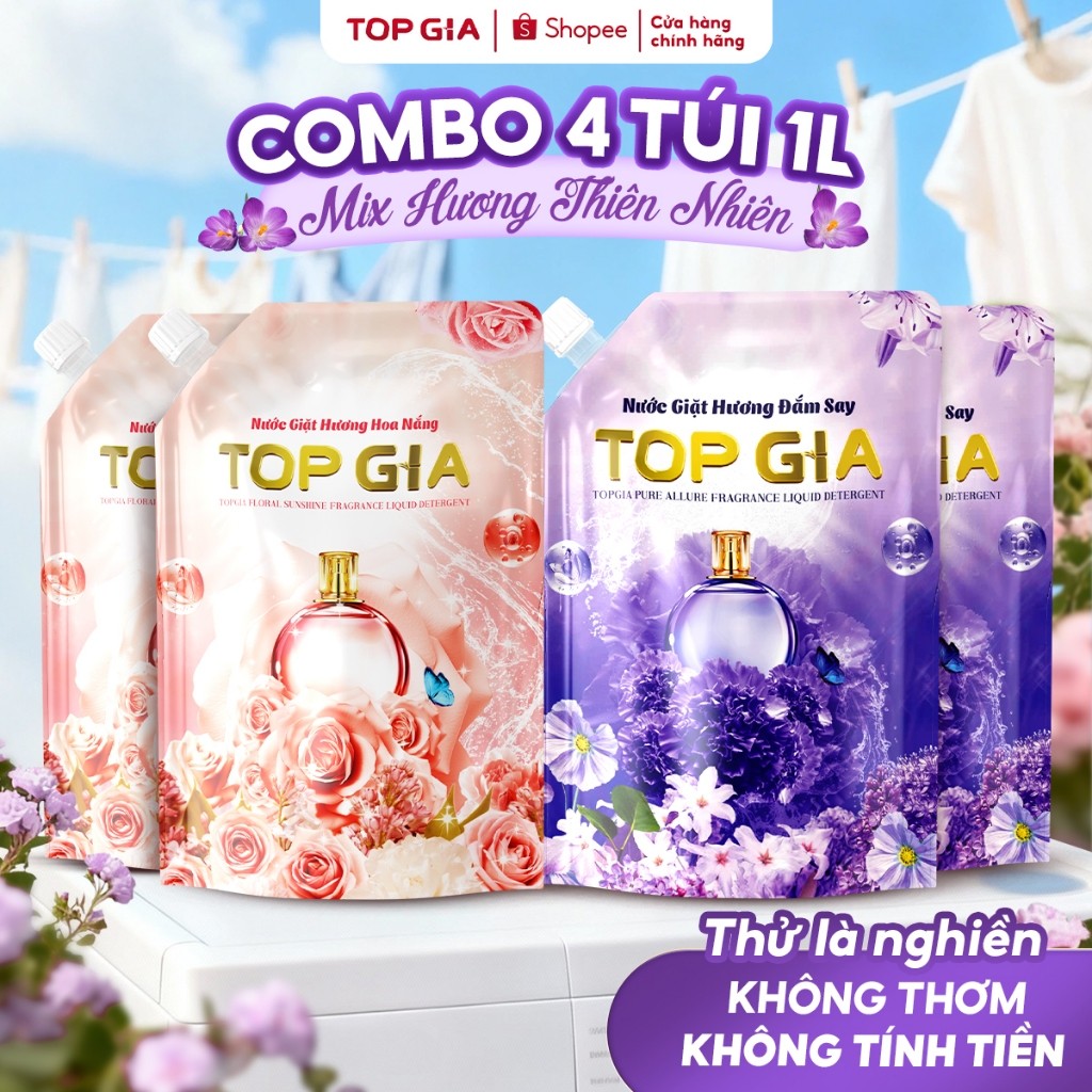 Nước Giặt Topgia Hương Hoa Nắng, Đắm Say 1L Dịu Nhẹ An Toàn Cho Da Đánh Bay Vết Bẩn Lưu Hương 72H