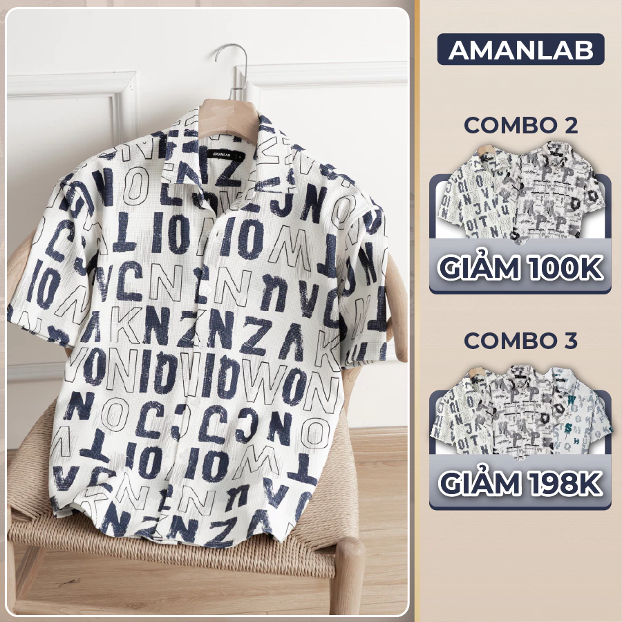 Áo sơ mi tay ngắn, chất vải Cotton Piqué thoáng mát, không nhăn, họa tiết chữ in WINI AMANLAB