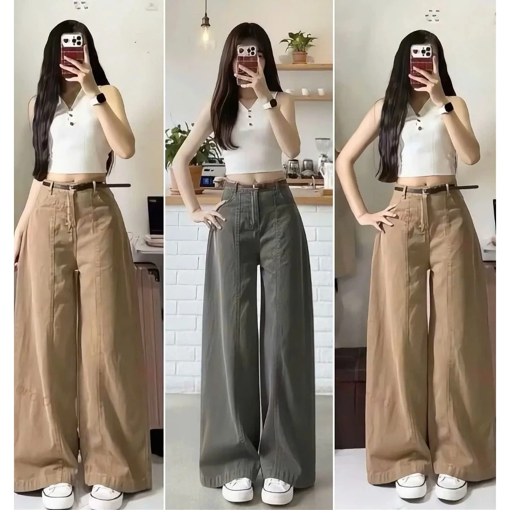 (S-XL) Quần jean nữ ống rộng 2 màu NÂU - XÁM GẤU TO chùm chân phủ dày tôn da