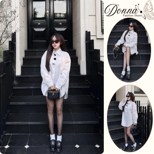 Sơ mi nữ, áo kiểu nữ DONNA HCOM25194 tay dài form rộng đính charm đá tiểu thư, siêu sang