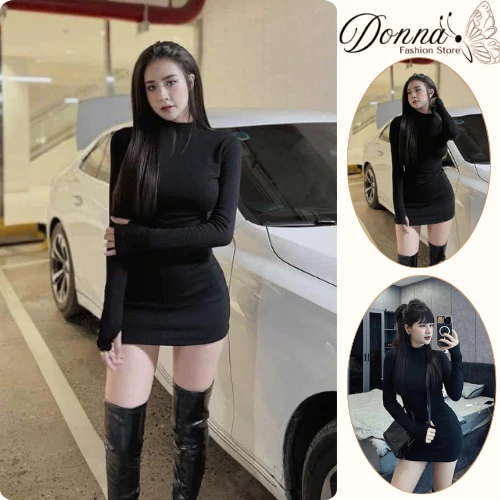 Đầm nữ, váy nữ DONNA HCOM3455 tay dài xỏ ngón màu đen che khuyết điểm, tôn dáng