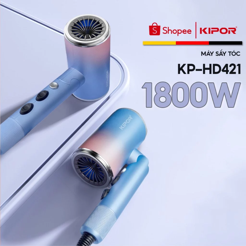 Máy sấy tóc KIPOR 1800W mini gấp gọn – 3 chế độ sấy nóng/lạnh – tạo ion chống xù – máy sấy tóc du lịch - Hàng chính hãng