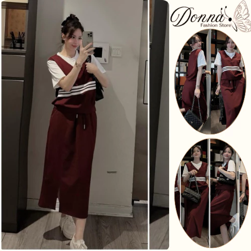 Set đồ nữ, đồ bộ nữ DONNA HCOM25496 áo phông phối gile kẻ mix chân váy suông dài trẻ trung