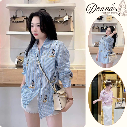 Áo sơ mi nữ, áo nữ DONNA HCOM25568 tay dài kẻ sọc hoạ tiết vịt donal xinh xắn, dễ phối đồ