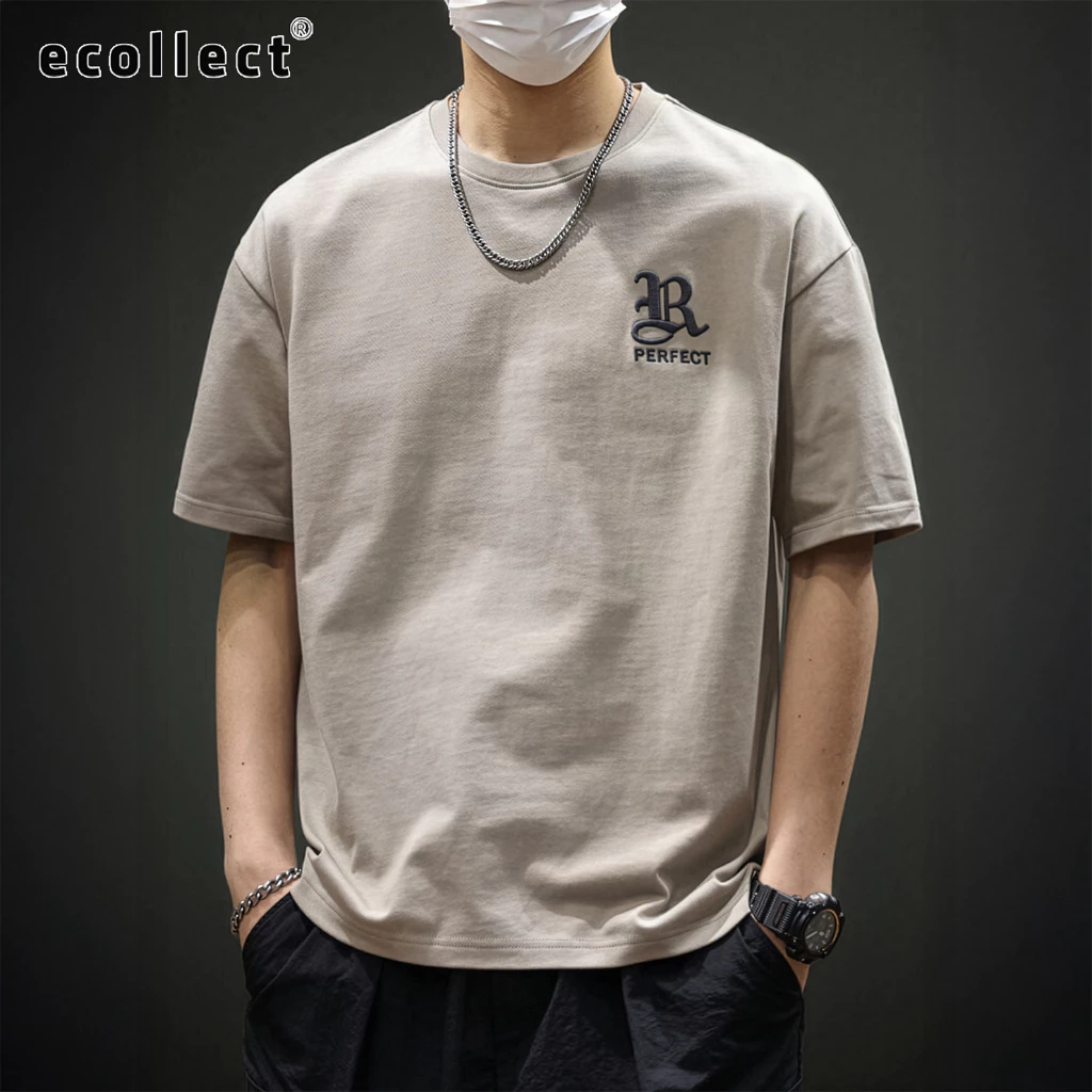Áo thun nam ECOLLECT CT13  chất vải cotton form rộng thêu nổi R PERFECT áo phông tay ngắn basic mềm mát dễ phối đồ