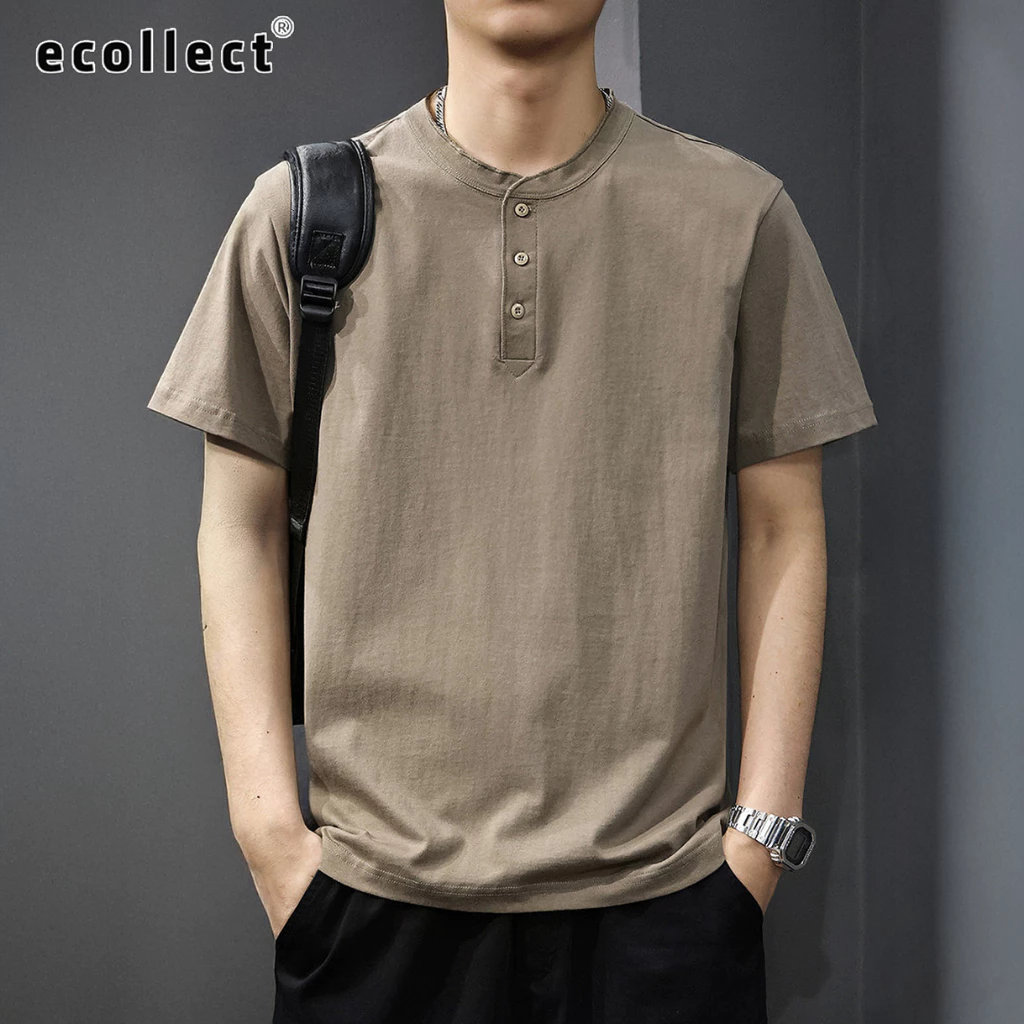 Áo thun nam cổ Henley ECOLLECT CT04 chất vải cotton form rộng basic, áo phông tay ngắn trơn tối giản thoáng mát dễ phối