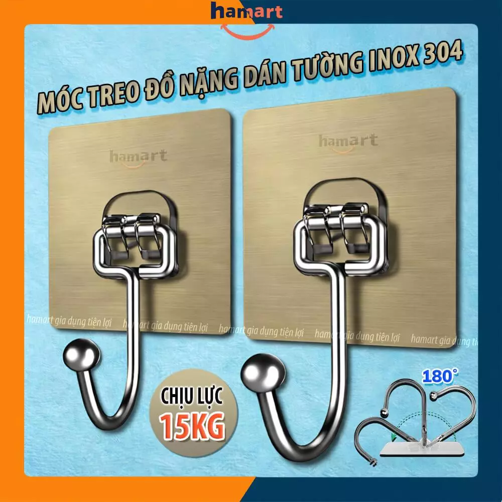 BẢN LỚN Móc Inox Dán Tường Chịu Lực 15KG Hamart Móc Treo Đồ Nặng Dán Tường Chất Lượng Cao