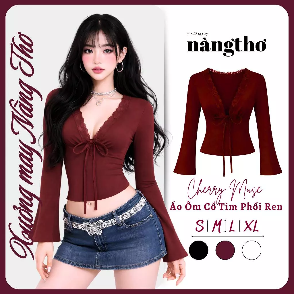 395 Cherry Muse-Áo Thun Cotton Ôm Body Cổ Tim Phối Ren Tay Loe Phong Cách Y2K