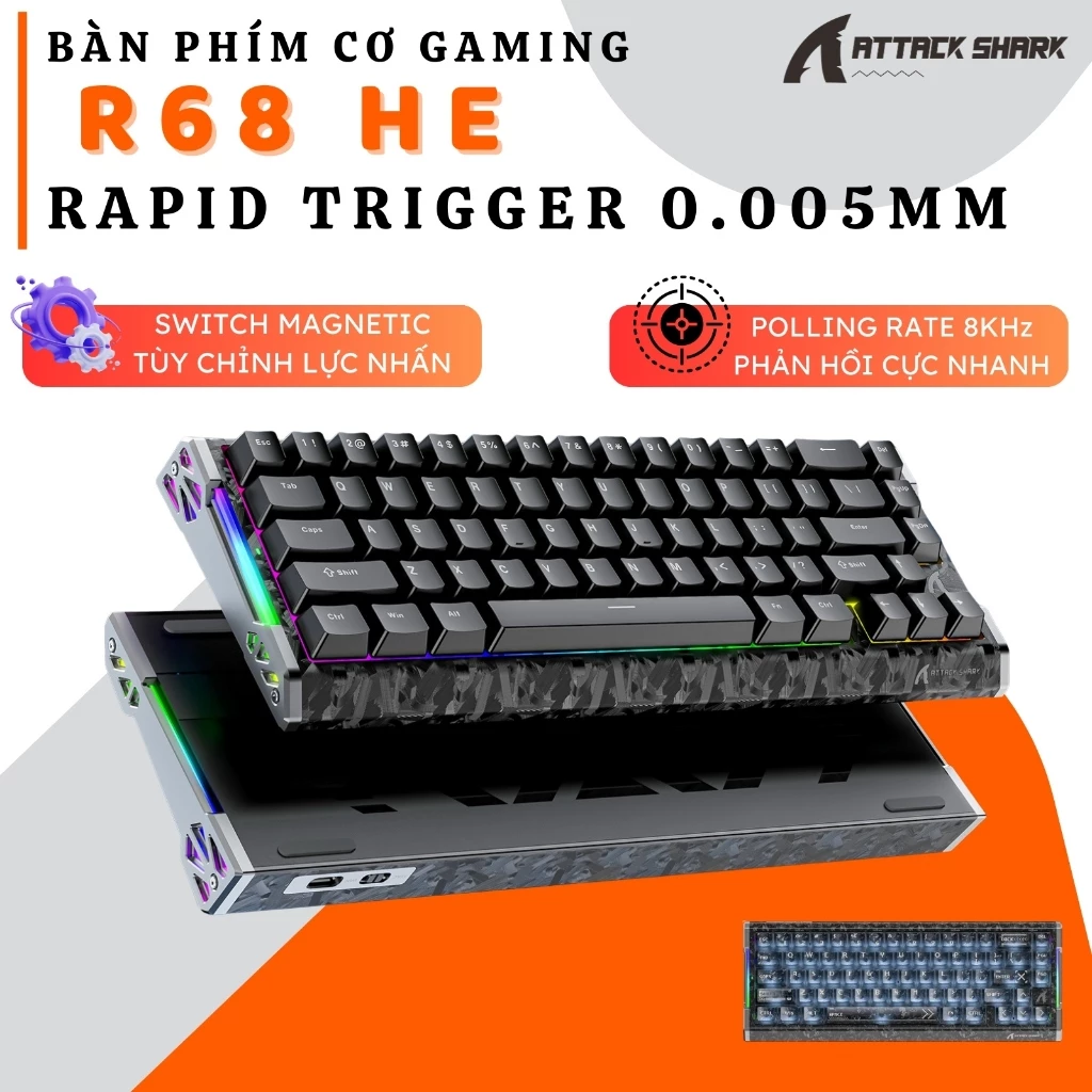 Bàn Phím Cơ Từ Attack Shark R68HE Carbon Fiber 60% - Rapid Trigger 0.005mm, Polling Rate 8000Hz, RGB