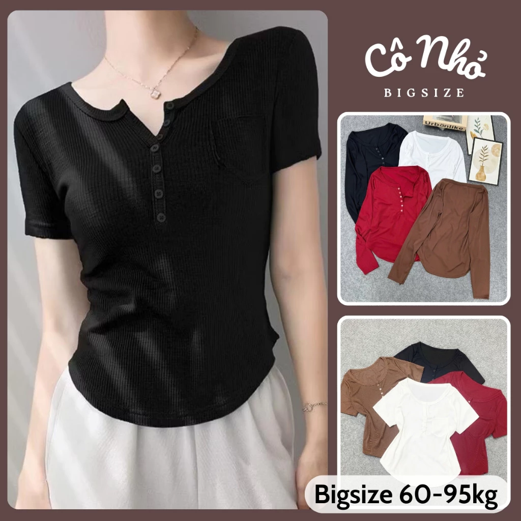 Áo Thun Bigsize Nữ Co Giãn Vải Tăm Gân Dáng Vừa Có Túi Nhỏ Trước Cá Tính Cổ Cúc Basic A274