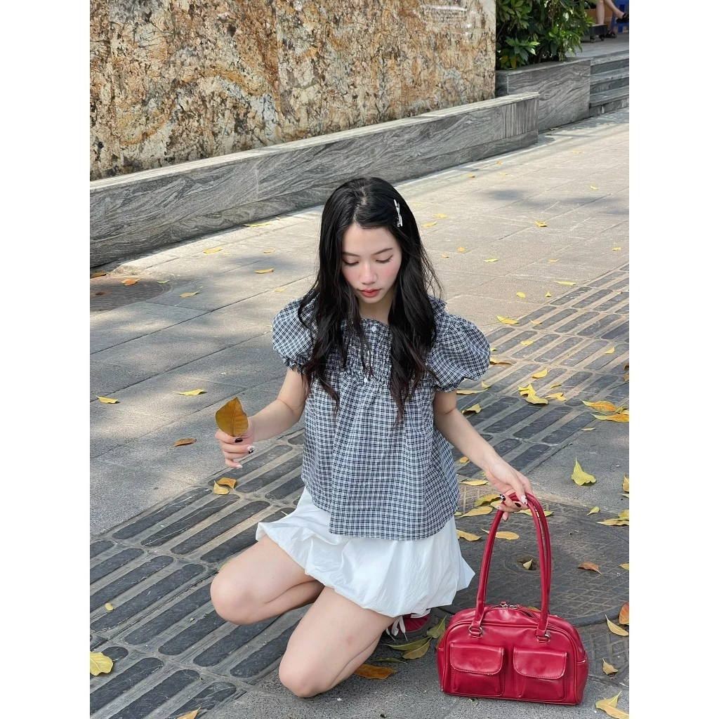 𝙃𝘼𝙉𝘼.𝘾𝙡𝙤𝙩𝙝// Áo Babydoll Kẻ Caro Cổ Sen Dễ Thương, Áo kiểu kẻ caro dễ thương dáng vibe tiểu thư mác hàng ngày – A595