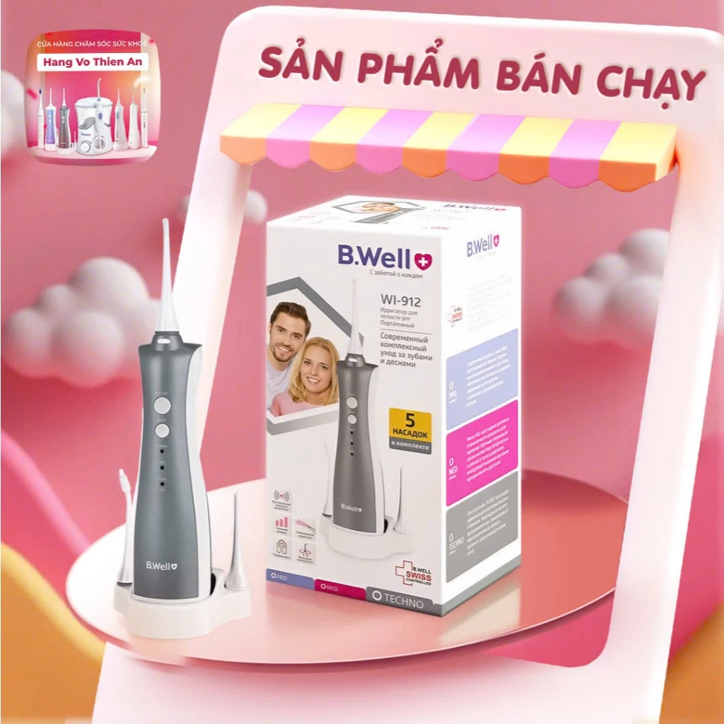 [Hoả tốc] [Bảo hành 2 năm] Tăm nước Thụy Sỹ Bwell Wi 912 cam tay -5 đầu tăm - BH 2 năm 1 đổi 1