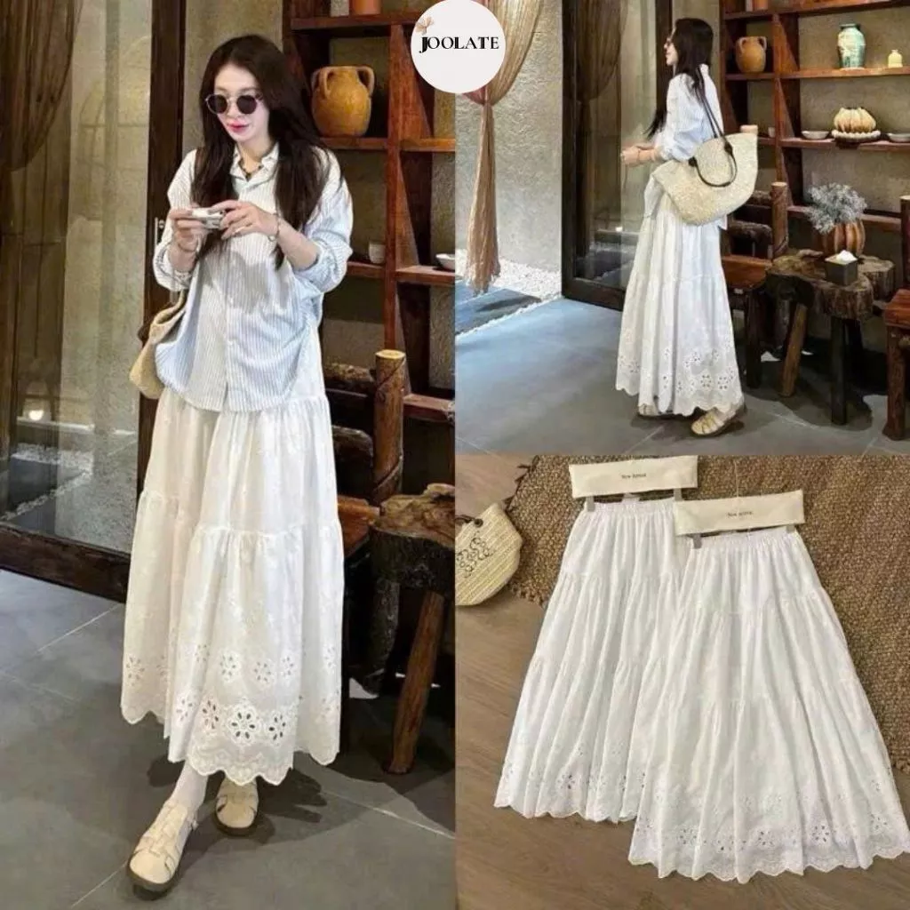 Chân Váy Midi Dáng Dài Hai Lớp Cạp Chun Chất Ren Thô Boil Thêu Hoa Thời Trang Thanh Lịch- Joolate