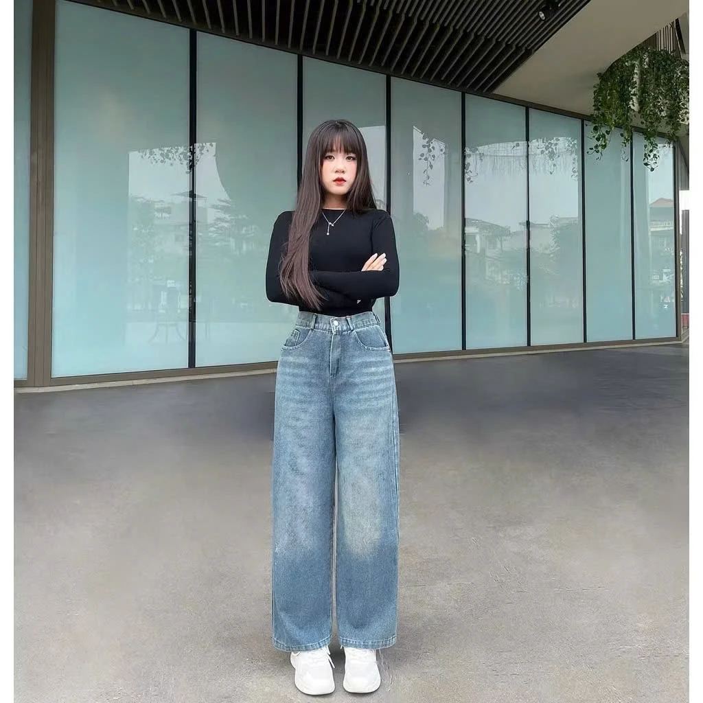 Quần suông nấm, quần jean ống rộng cạp khóa trước chun sau 89-90cm [M76]