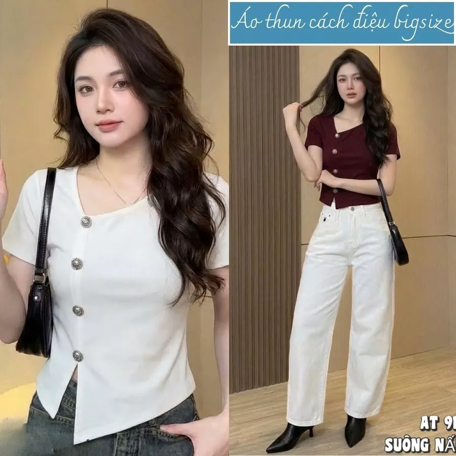 [MÃ AT9106] Áo Thun BIGSIZE Nữ Borip Cotton 2 Lớp Thiết Kế Nút Sang Chảnh 40-85Kg - Che Bụng Hiệu Quả