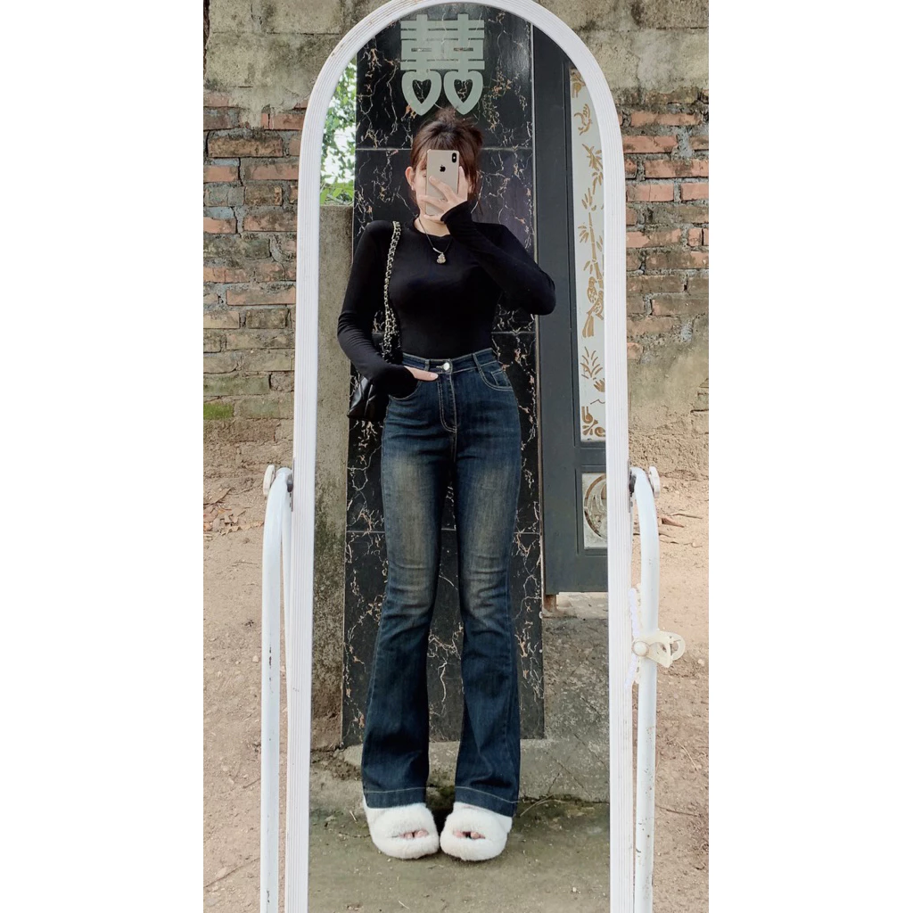 🌷ẢNH THẬT 🌷Quần jeans nữ ống loe xanh dơ xịt đồng 92 và 100cm lai gấp 3p🌷KLii sẵn