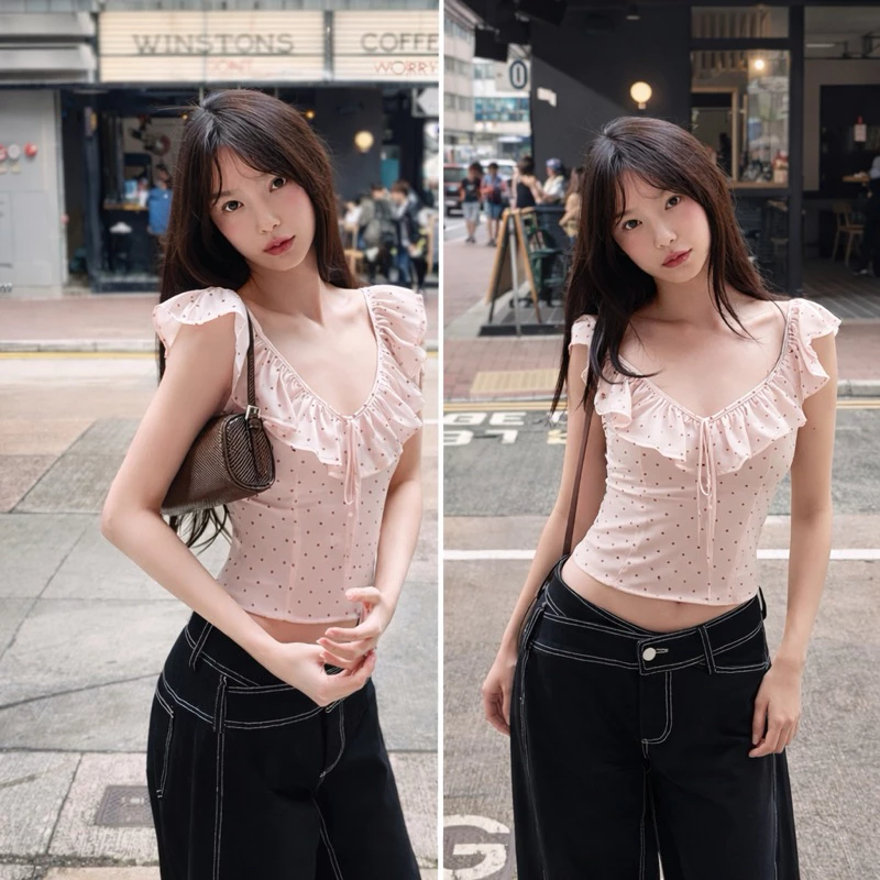 Áo croptop bèo nhún chấm bi dáng ôm nữ By QuynhTrangBasic