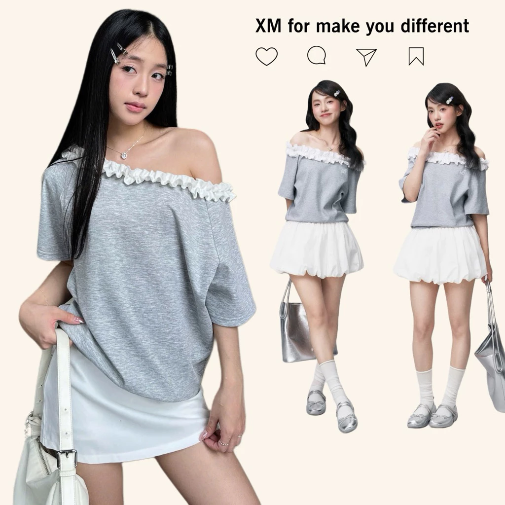 Áo Thun Xu Min Min Chất Cotton Hàn Dáng Boxy Dưới 78kg Màu Xám Bèo Nhún ( Bèo Nhún Xám )
