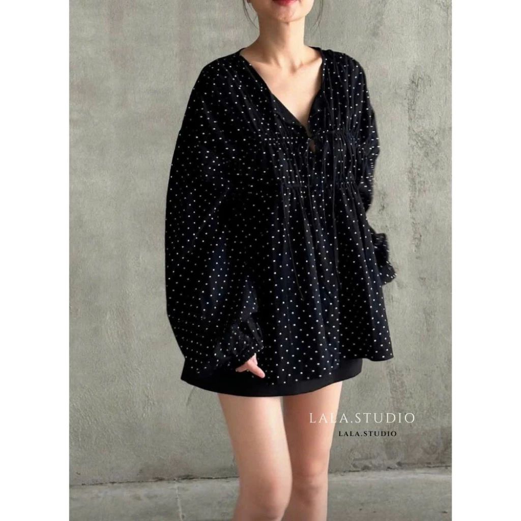 KISMET•LALASTUDIO• Áo sơ ki thô cổ sẻ nhún ngực dáng xuông chất line hoạ tiết chấm bi cao cấp tiểu thư sang chảnh