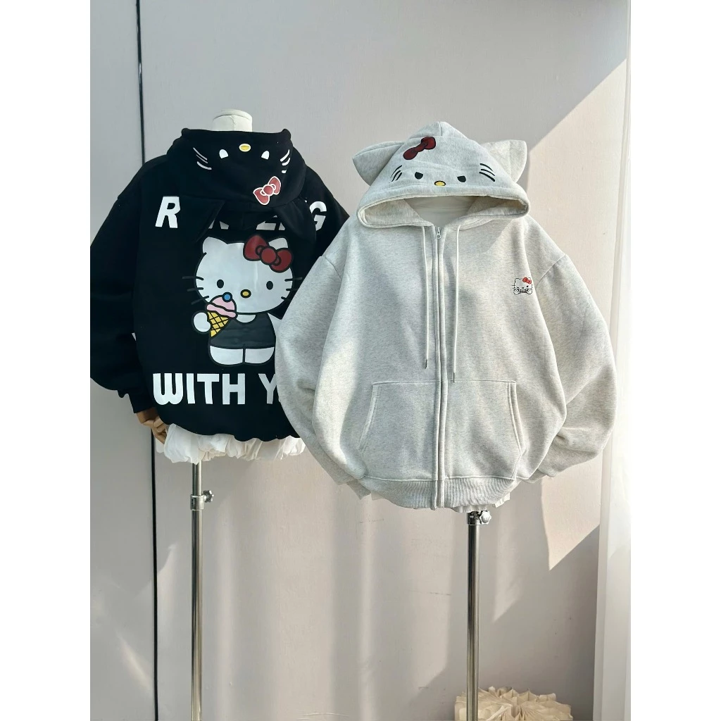 Áo Khoác Hoodie Tai Mèo Hello Kitty In Chữ WITH Form Rộng – Áo Hoodie Zip Nữ Dễ Thương Phong Cách Hàn Quốc