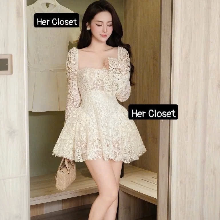 [VÁY THIẾT KẾ] Váy ren tay dài dáng ngắn váy ren dáng ngắn váy ngắn đầm ngắn sang chảnh đầm đi tiệc váy đi đá cưới, sẵ..