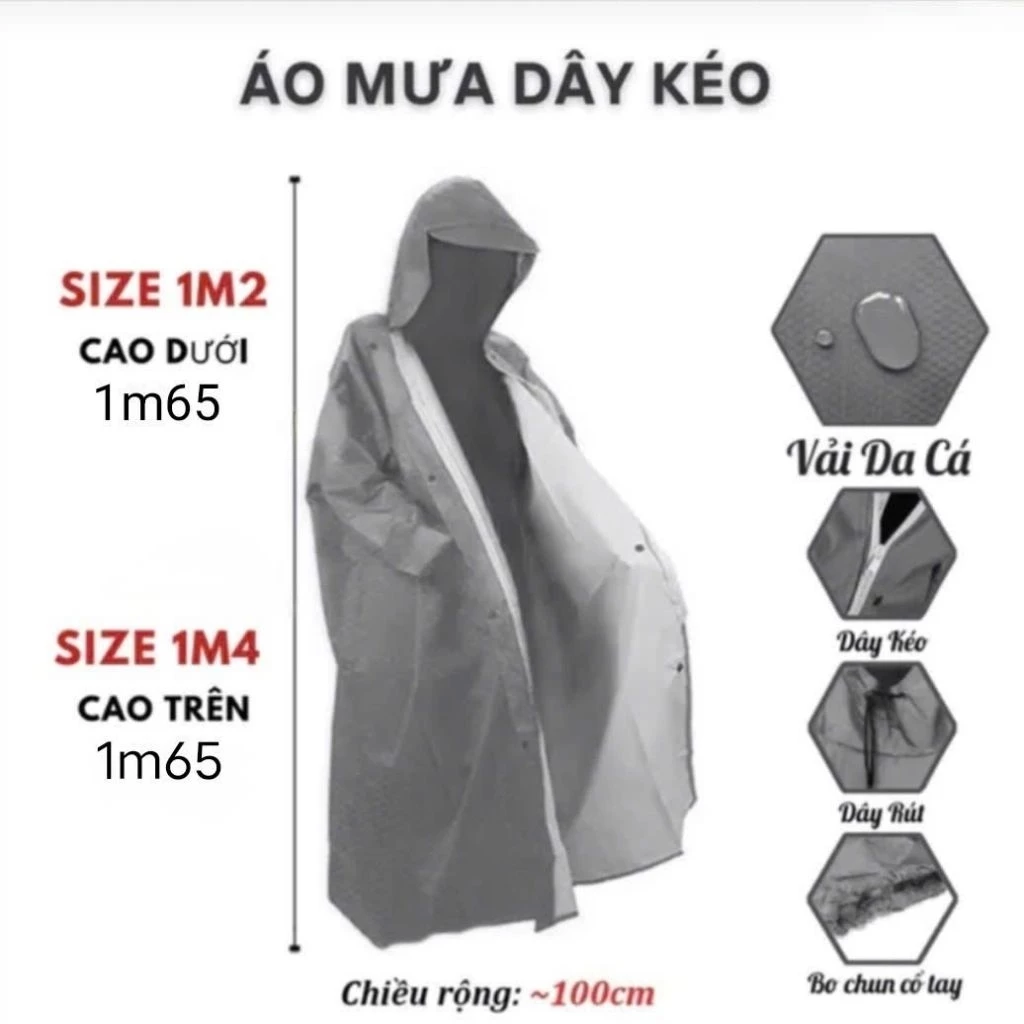 Áo mưa dây kéo khóa vải da cá vân tổ ong cao cấp  thiết kế rộng rãi, giúp  bạn duy chuyển dưới trời mưa thuận tiện hơn.